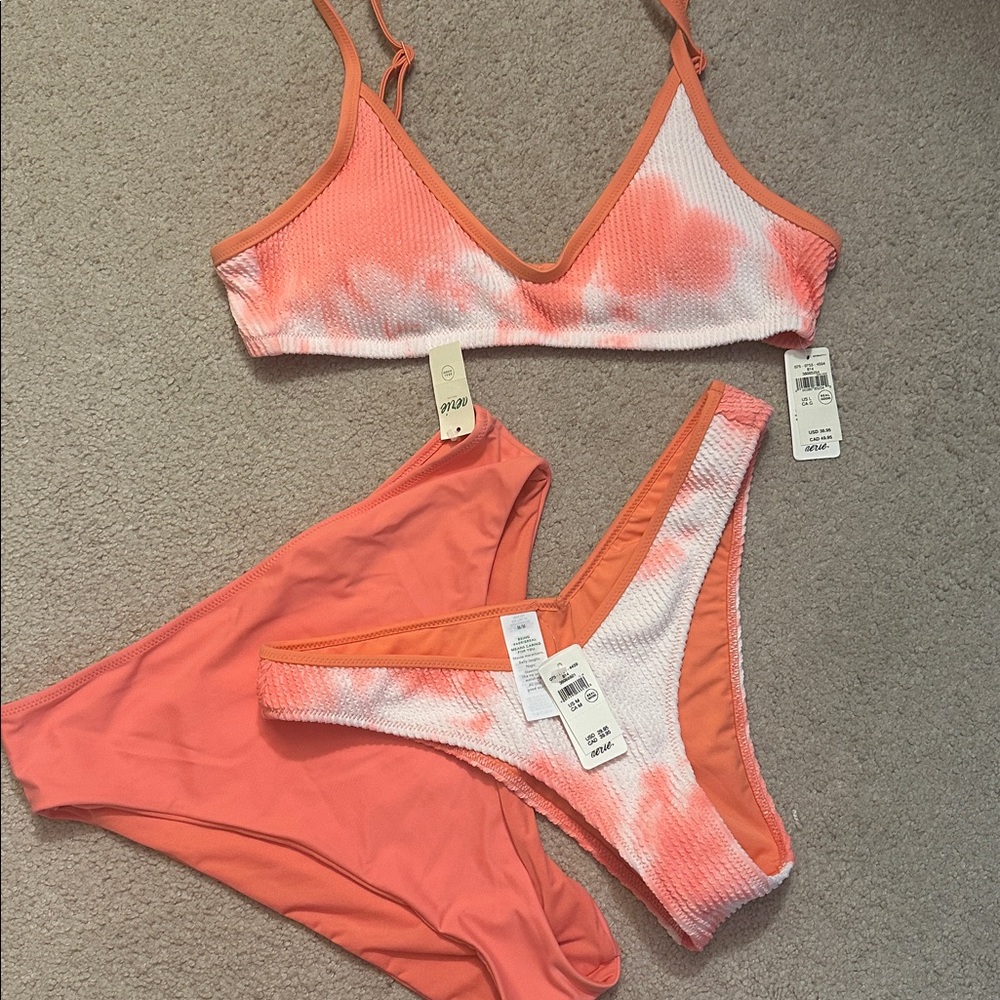 Aerie -NWT- peach and white Tie-Dye Bikini Set